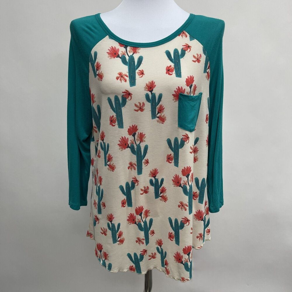 Cowgirl Hardware‎ CH Women's Top Large Ivory Red Green Cactus Floral Flowers
